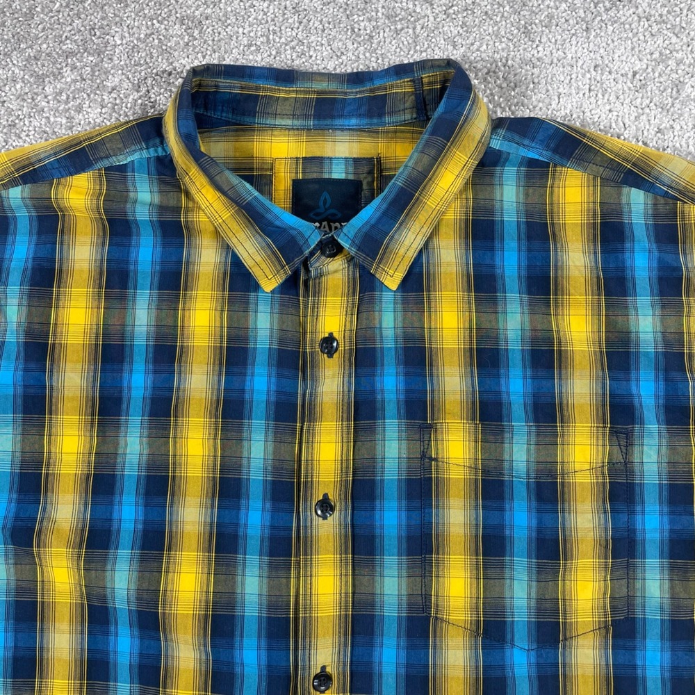 Prana Button Up Shirt Mens Extra Large Organic Cotton Mick Short Sleeve Plaid